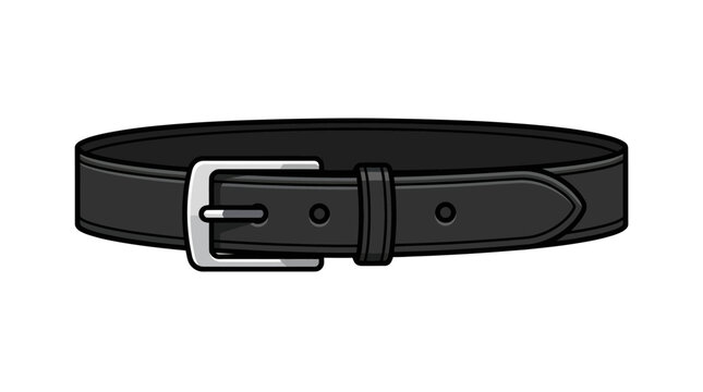 Black leather belt with silver metal buckle.