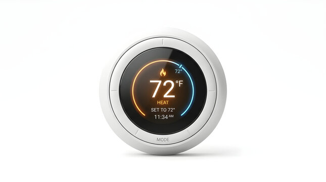 White smart thermostat displaying 72 degrees fahrenheit on a black screen with orange and blue accents, set to heat mode.