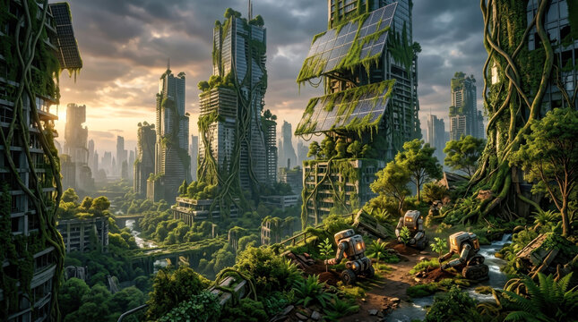 Robots Tending to a Post-Apocalyptic Overgrown City