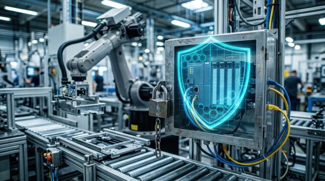 Manufacturing cybersecurity concept with robotic arm, conveyor rollers, steel padlock, and shield guarding an industrial edge device.