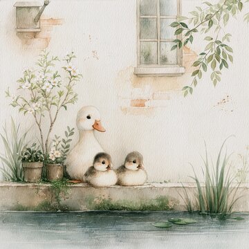 A mother duck with two ducklings resting beside a rustic garden pond