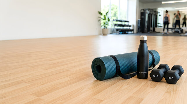 Yoga mat black water bottle and dumbbells on light wood floor in bright fitness studio.