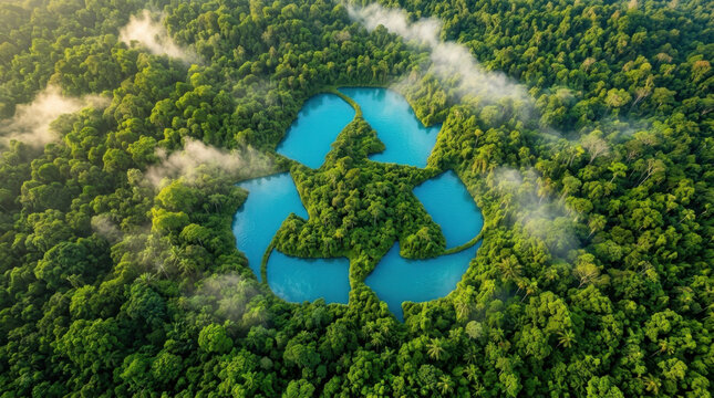 Aerial drone view of a river shaped like a recycle symbol winding through a lush green misty forest.