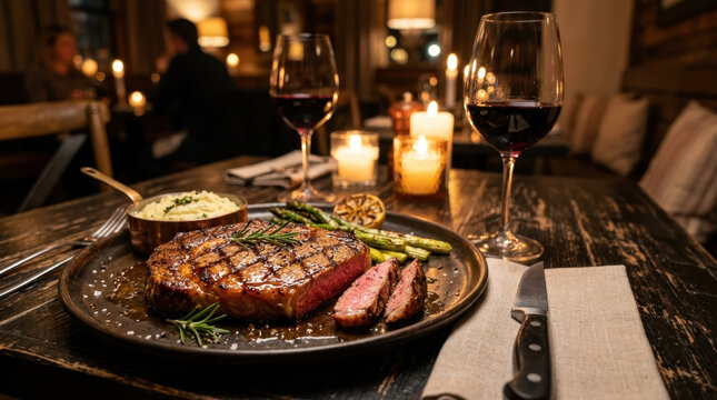 Top view of sliced medium-rare grilled steak with melting butter and rosemary on a dark rustic wooden background