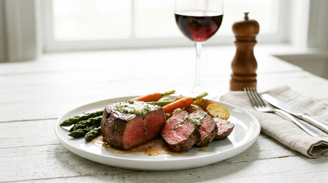 Top view of sliced medium-rare grilled steak with melting butter and rosemary on a dark rustic wooden background