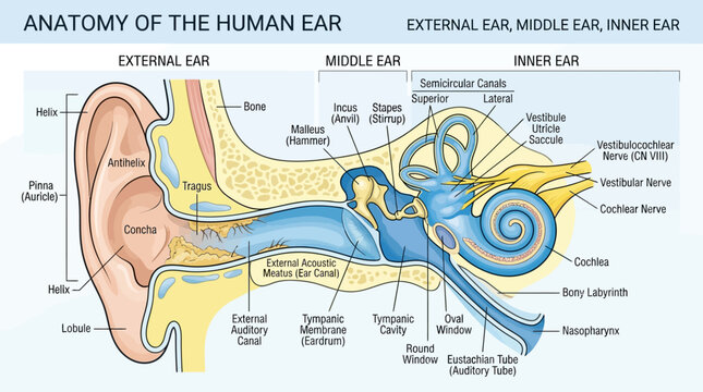 Anatomy of the Human Ear - External, Middle, and Inner Ear Diagram