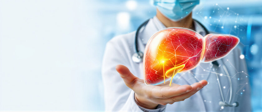 Doctor holding a virtual 3D liver model. Medical professional analyzing human organ anatomy. World Hepatitis Day concept for clinical research. Banner with copy space