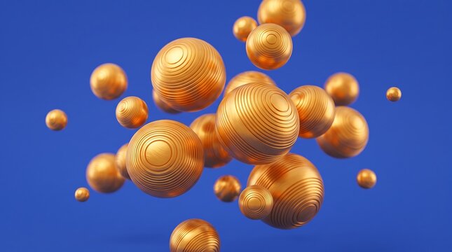 Abstract group of golden spheres with line patterns floating against a solid blue background