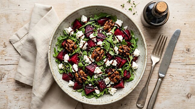 Fresh beetroot salad with goat cheese, arugula, walnuts, and balsamic glaze in a ceramic bowl