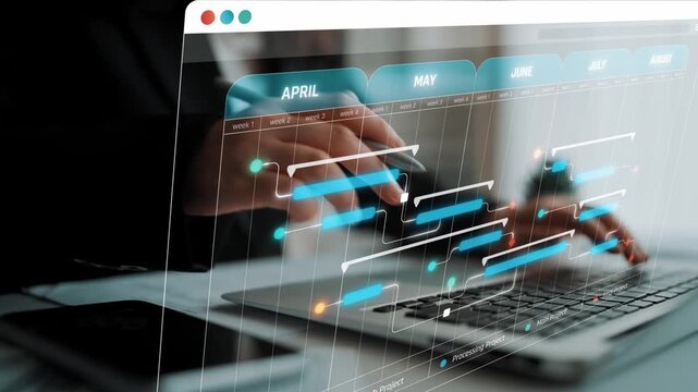 Transparent digital project timeline displayed on a laptop screen with hands working on the keyboard in a modern office environment Sigmoid