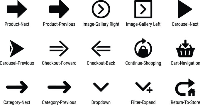 Website navigation and e commerce arrows and symbols icon collection