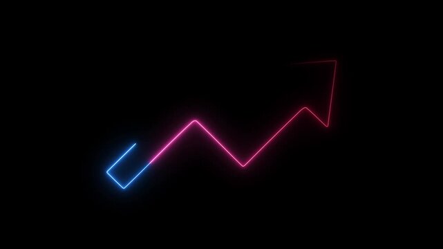 Pink and blue neon arrow graph showing upward trend on black background symbolizing progress and ideas