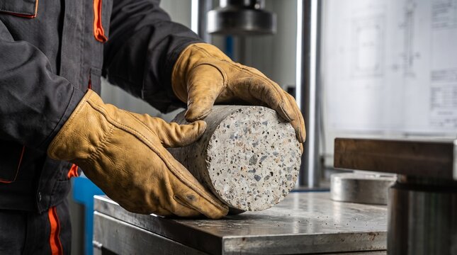construction material testing. worker wearing protective gloves examining a concrete cylinder sample on a steel laboratory table. quality control and structural engineering concept.