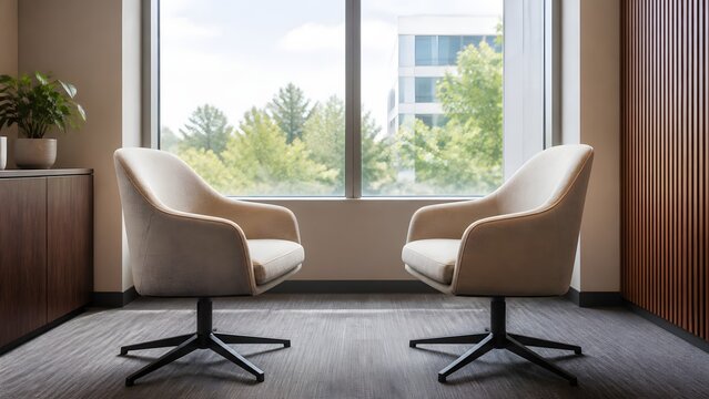 Two beige swivel armchairs facing each other by large office window with green trees view