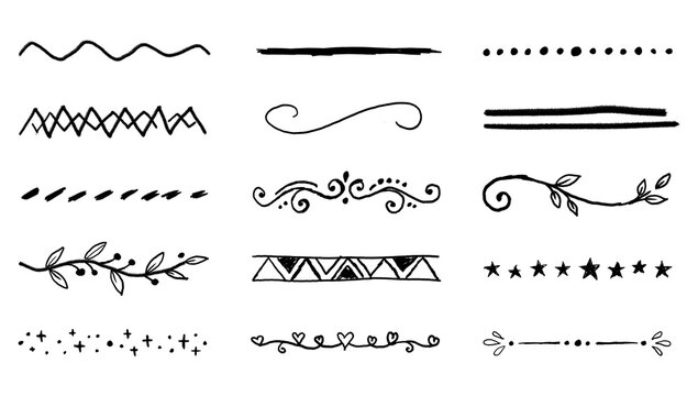 Hand drawn doodle dividers and borders set for bullet journal and planner decoration isolated on transparent background