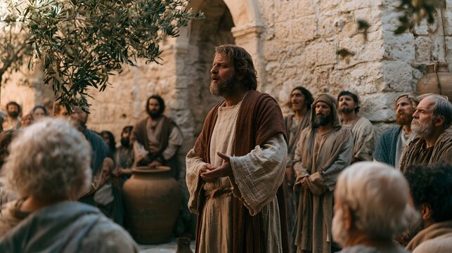 Jesus christ speaking to a crowd of people in an ancient stone setting