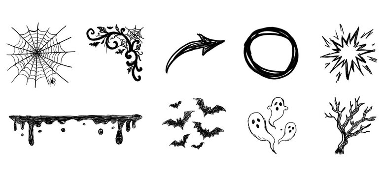 Halloween hand drawn doodle elements set with spider web, ghosts, bats, and spooky tree isolated on transparent background