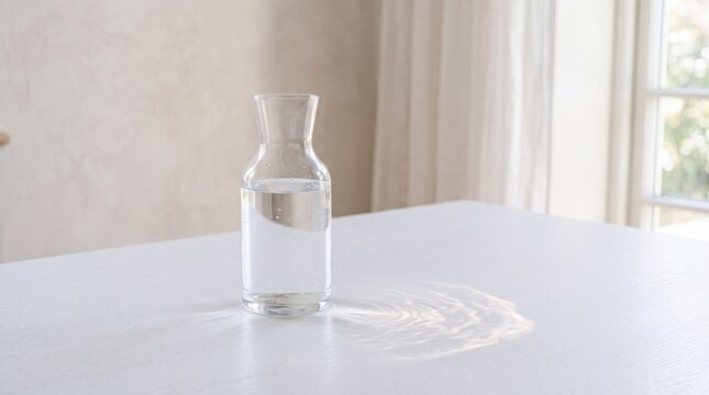 Glass carafe of fresh water on white wooden table with sunlight caustics reflection