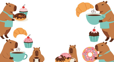 Fototapeta premium Capybaras enjoying coffee and pastries in a cute vector layout with bakery items and treats.