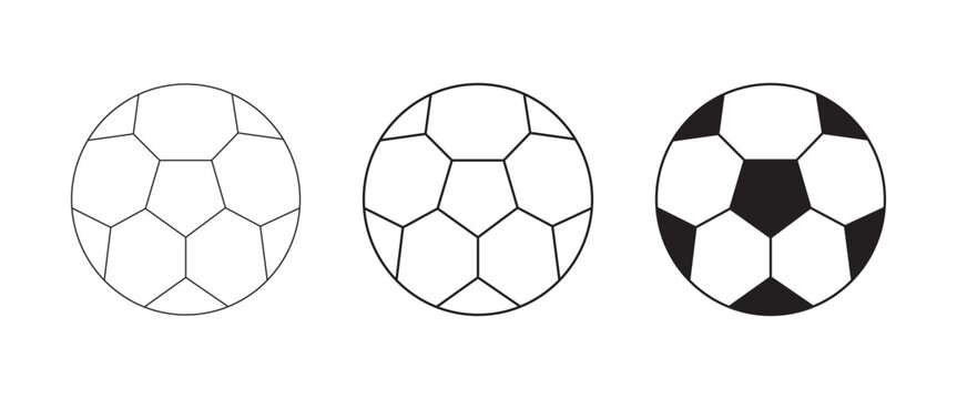 Soccer Ball Icon Collection, Football Sports Ball and Classic Pentagonal Pattern Symbols in Outline and Solid Black Designs, Sports Equipment Illustration Isolated on White Background