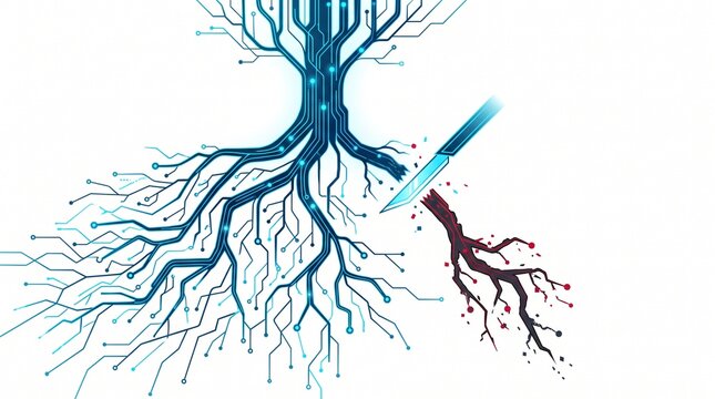 Visual concept illustrating the careful removal of a corrupted digital data connection from a healthy technological root network