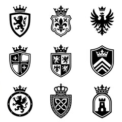 Collection of nine heraldic crests and shields with royal crowns and symbols.