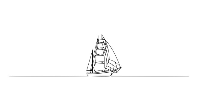 Minimalist line art drawing of a sailing ship on transparent background
