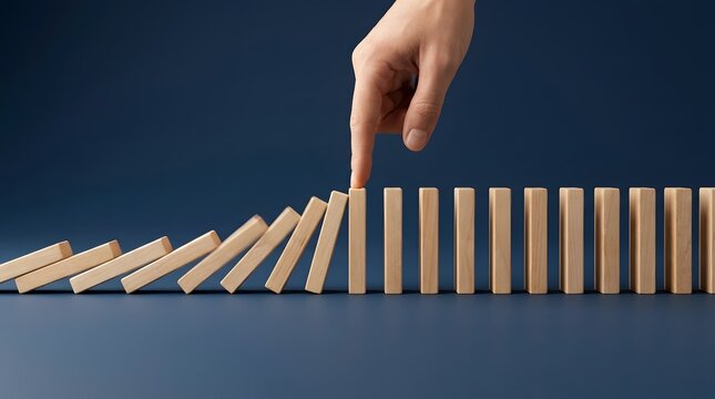 Finger stopping domino effect against dark blue background