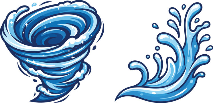 Cartoon blue water vortex and splashing wave vector elements set