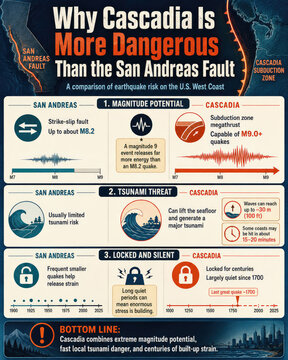 Cascadia Subduction Zone vs San Andreas Fault Earthquake Risk Infographic