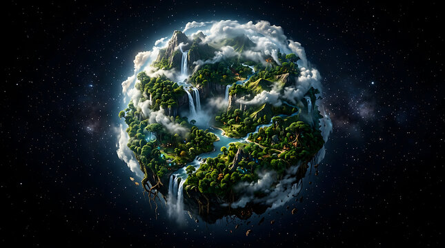 Floating green forest planet with waterfalls and white clouds in deep space filled with stars green world waterfall globe fantasy world eco planet nature globe jungle planet science fiction