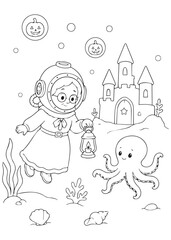 Fototapeta premium Coloring Page Book Brave Halloween Grandma Exploring Underwater Fantasy World with Friendly Octopus