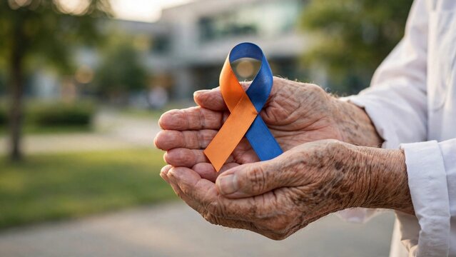A man proudly holds an orange and blue ribbon representing Sensory Processing Awareness Month