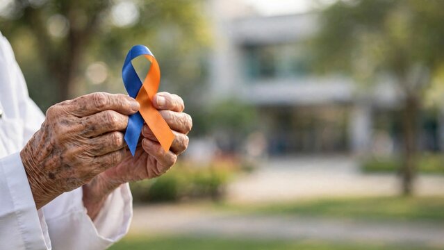 A man showcases an orange and blue awareness ribbon for SPD during National Sensory Processing Awareness Month