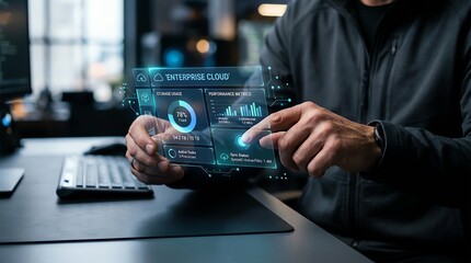 Fototapeta premium Professional Interacting with Futuristic Holographic Interface Displaying Enterprise Cloud Data and Business Analytics for Digital Transformation