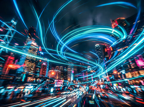 Futuristic cyberpunk city street at night with vibrant blue light trails and glowing neon urban architecture