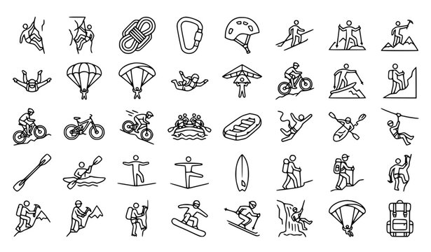 Extreme Sports Outdoor Adventure Rock Climbing Surfing Skydiving Line Vector Icons