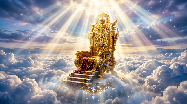 Majestic golden throne glowing in the clouds with divine light rays streaming from above heavenly clouds background majestic seat heavenly realm spiritual throne majestic religion