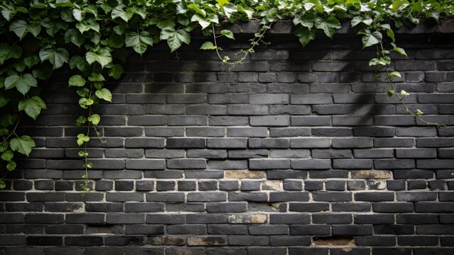 Dark Gray Brick Wall with Green Climbing Vine Foliage