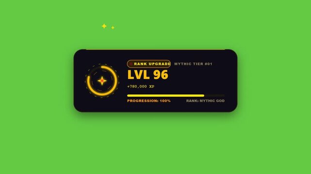 Rank upgrade mythic tier level 24 progression hud notification loop for gaming streaming and digital UI stylized up banner displaying with glowing stars and progress bar