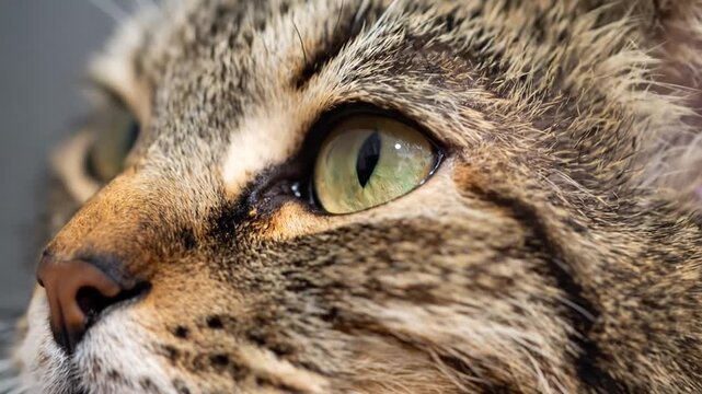 Macro close-up of a tabby cat's head featuring its bright green eye, nose, and whiskers