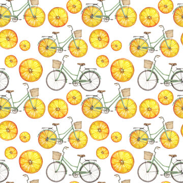 Watercolor seamless pattern with hand-drawn bicycle with wheel - orange or lemon fruit slice on white background. Retro vintage transport for summer walking. Art for sketchbook. Wallpaper or wrapping