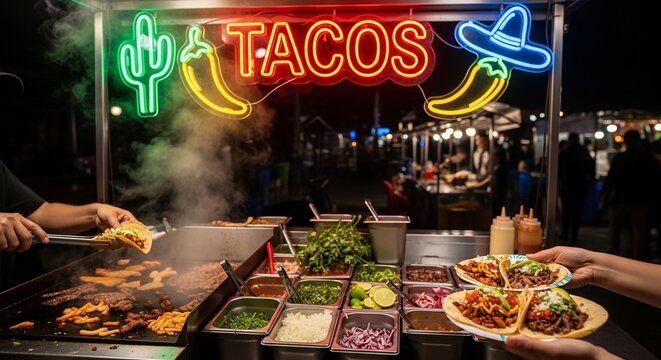 Tacos street food cart neon sign
