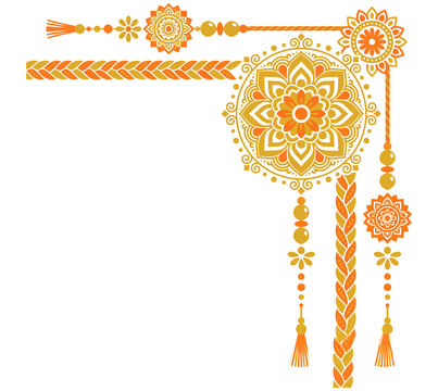 Golden ornamental corner floral rakhi border with hanging tassels for festive greeting card decoration template
