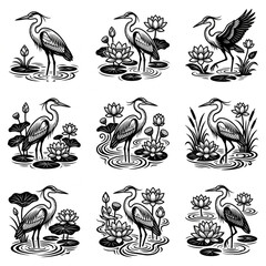 Naklejka premium Collection of Vintage Heron and Lotus Flower Illustrations.
