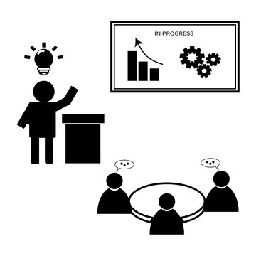 Business presentation concept with speaker, team collaboration, and data growth progress icons