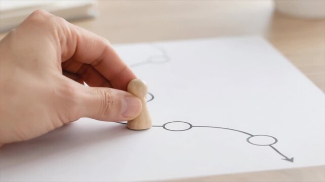 Hand Holding Wooden Marker Drawing Paper Diagram with Connected Circle Directional Arrow for Planning Process Flowchart Design Workspace