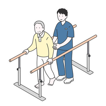 平行棒で歩行訓練を行う高齢者とリハビリスタッフのイラスト
