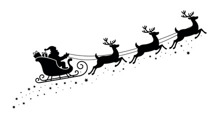 Black silhouette of santa claus in a sleigh pulled by flying reindeer © SOFOL