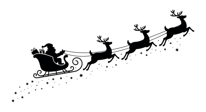 Black silhouette of santa claus in a sleigh pulled by flying reindeer
